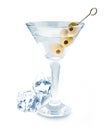 Delicious cocktail with olives and ice cubes in martini glass on a white background. Royalty Free Stock Photo