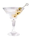 Delicious cocktail with olives in martini glass on a white background. Royalty Free Stock Photo