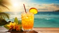 Delicious cocktail on tropical ocean background.