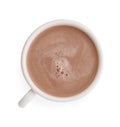 Delicious cocoa drink in cup on white background