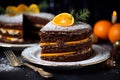 Delicious cocoa gingerbread cake with rich marmalade and decadent chocolate topping