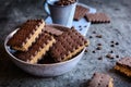 Cocoa sandwich biscuits stuffed with walnut and coffee filling