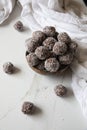 Delicious Coconut-Chocolate balls covered with grated coconut served in a coconut plate against white background