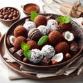 Delicious coconut chocolate truffles on plate ai generated