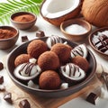 Delicious coconut chocolate truffles on plate ai generated