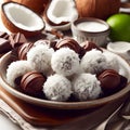 Delicious coconut chocolate truffles on plate ai generated