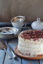 Delicious coconut layer cake - biscuit and cream on coconut cream, decorated with grated chocolate and candied rose petals