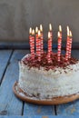 Delicious coconut layer cake - biscuit and cream on coconut cream, decorated with grated chocolate and candied rose petals. On the