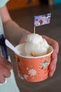 Hand hold Coconut milk icecream. Delicious coconut ice cream in Thailand.