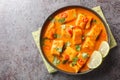 Delicious coconut tomato fish curry with Asian spices and chili pepper close-up on a plate. Horizontal top view Royalty Free Stock Photo