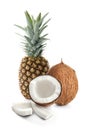 Delicious coconuts and ripe juicy pineapple on white