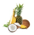 Delicious coconuts and ripe juicy pineapples on white