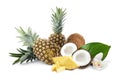 Delicious coconuts and ripe juicy pineapples on white