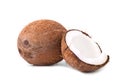 Delicious coconuts on a white background. Cut coconut full of nutrients and a whole healthful coconut. Organic fruits.