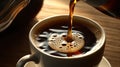 A Delicious Coffee Being Poured Into a Cup With Coffee Beans on a Wooden Table Background Selective Focus Royalty Free Stock Photo