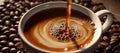 A Delicious Coffee Being Poured Into a Cup With Coffee Beans on a Wooden Table Background Selective Focus Royalty Free Stock Photo