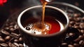 A Delicious Coffee Being Poured Into a Cup With Coffee Beans on a Wooden Table Background Selective Focus Royalty Free Stock Photo