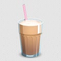 Delicious coffee drink in a transparent cup with milk foam and a straw. An invigorating beverage made of milk and coffee isolated