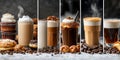 Delicious Coffee Drinks and Pastries. Collage with Cortado, Mocha, Flat White and Desserts. Royalty Free Stock Photo
