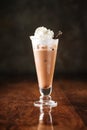 Delicious cold chocolate ice cream milkshake with cookie in a long glass