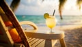 A delicious cold cocktail drink with a colorful umbrella and tropical fruits served on a white sandy beach. Generative AI
