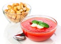 Delicious cold gazpacho soup with mozzarella and garlic croutons