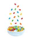 Delicious color jelly beans falling into bowl on background Royalty Free Stock Photo