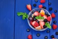 Delicious colorful fruit salad in a transparent bowl on table Royalty Free Stock Photo