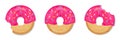 Delicious colorful and glossy donuts with pink glaze and multicolored powder. Whole donut and two half-eaten donuts. Can use for