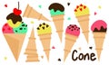 Delicious colorful ice cream set on waffle cones. multi-colored ice cream with various toppings, decor, inscription