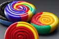 Delicious colorful rainbow lollipop closeup, candy stick, party popsicle, snack food illustration, ai generative