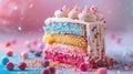 Delicious colorful slice of cake with white frosting and strawberries. Pastel cake on a pink background with copy space. Royalty Free Stock Photo