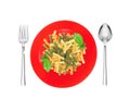 Delicious colorful spaghetti with basil on plate on white