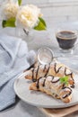 Delicious continental breakfast with fresh flaky french croissants and coffee, close up on the croissants Royalty Free Stock Photo