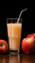 Delicious contrast Juicy apple beside a cardboard box and a glass with a straw