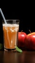 Delicious contrast Juicy apple beside a cardboard box and a glass with a straw