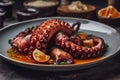 delicious, cooked octopus on a round ceramic plate with lemon in a restaurant. Generated AI