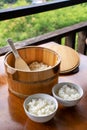 Delicious cooked plain rice in a big wooden bowl Royalty Free Stock Photo