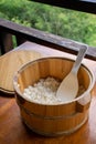 Delicious cooked plain rice in a big wooden bowl Royalty Free Stock Photo