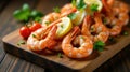 Delicious cooked shrimp with lemon and herbs on wooden board. Generative AI Royalty Free Stock Photo