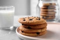 Delicious cookies with chocolate in plate on light table, closeup. Space for text Royalty Free Stock Photo