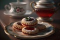 Delicious cookies with strawberry jam on a plate and a cup of tea