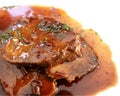 Slices of roast beef with sauce on a white plate Royalty Free Stock Photo