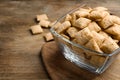 Delicious corn pads on wooden table, closeup. Space for text Royalty Free Stock Photo