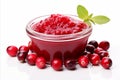 Delicious cranberry jam isolated on white background with copy space for text placement
