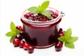 Delicious cranberry jam in a jar, isolated on white background with copy space for text
