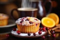 Delicious cranberry orange muffins on blurred kitchen background with copy space for text placement