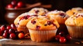 Delicious cranberry orange muffins in home kitchen with blurred background and text space