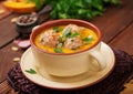 Delicious cream of pumpkin soup with meatballs Royalty Free Stock Photo