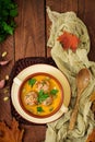 Delicious cream of pumpkin soup with meatballs made of turkey minced meat Royalty Free Stock Photo